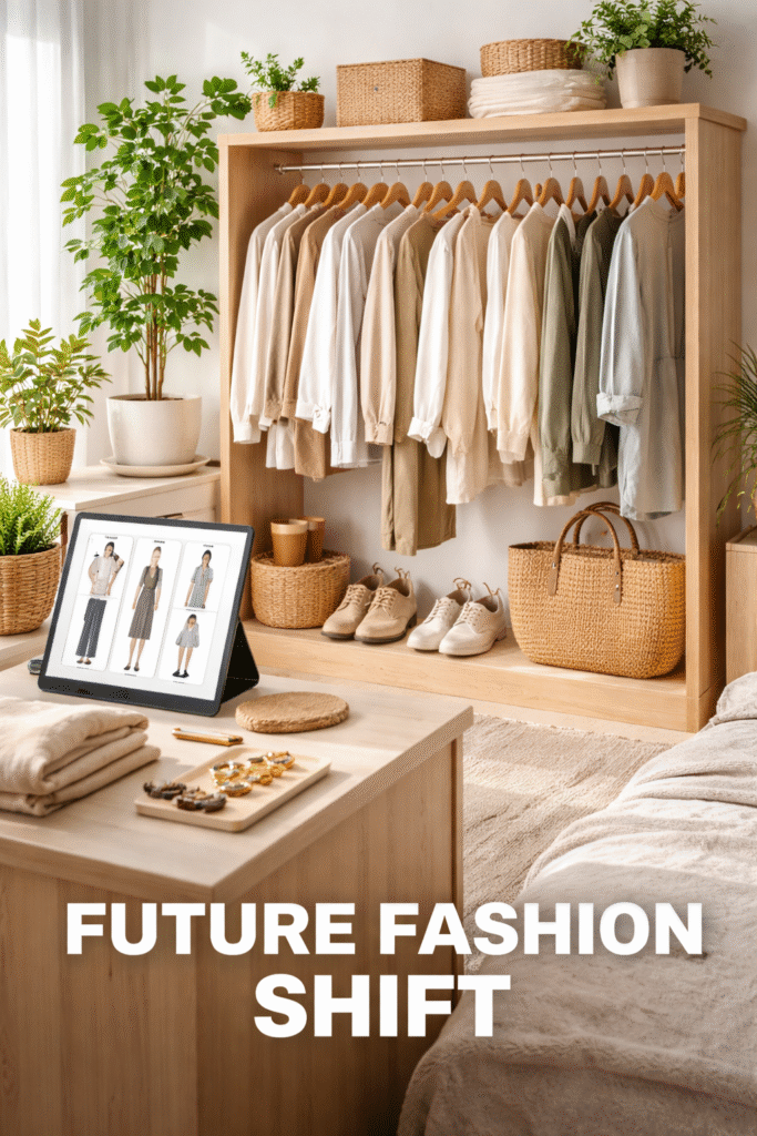 Future Fashion Shift concept showing sustainable capsule wardrobe with smart tech-driven styling in 2026