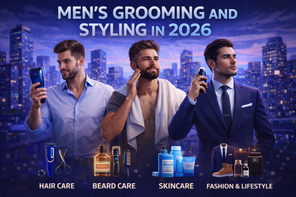 Menβs Grooming and Styling in 2026 showing stylish men using grooming tools, skincare products, and fashion accessories in an urban lifestyle setting
