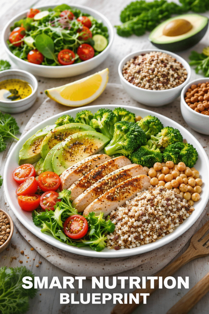 NUTRITION BLUEPRINT Smart Nutrition Blueprint showing balanced meal planning with vegetables, whole grains, and protein