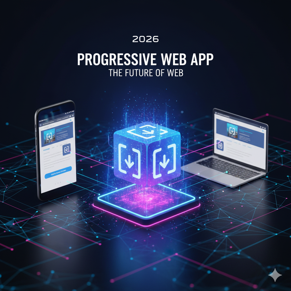 PWA A futuristic 2026 3D graphic showing a Progressive Web App (PWA) being installed from a browser onto a mobile home screen, highlighting offline access and speed.