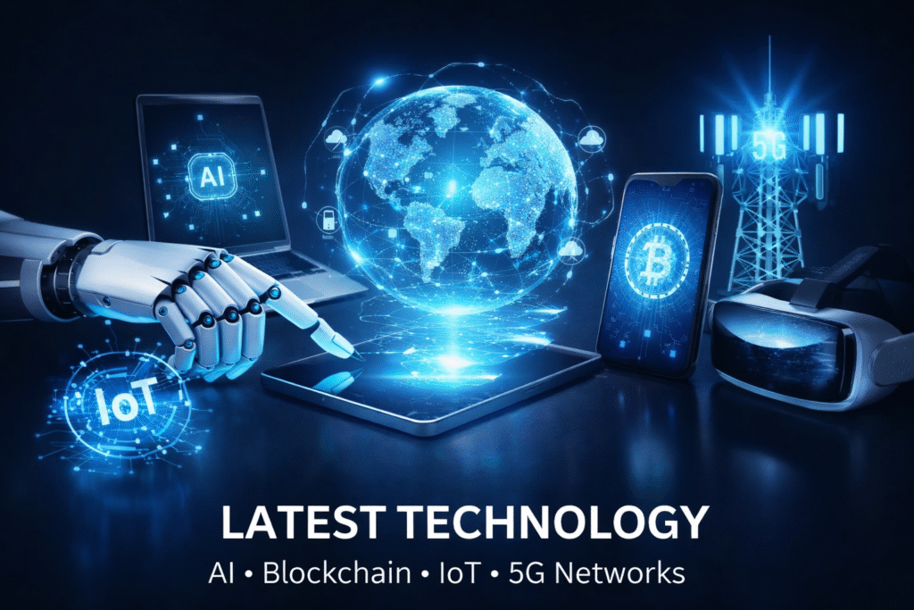 Latest Technology Latest technology trends showcasing AI, blockchain, IoT, 5G networks, virtual reality, and futuristic digital devices