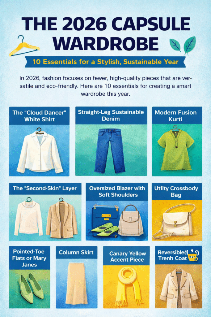 A 2026 capsule wardrobe flatlay featuring 10 sustainable clothing essentials like organic cotton tees and tailored trousers.