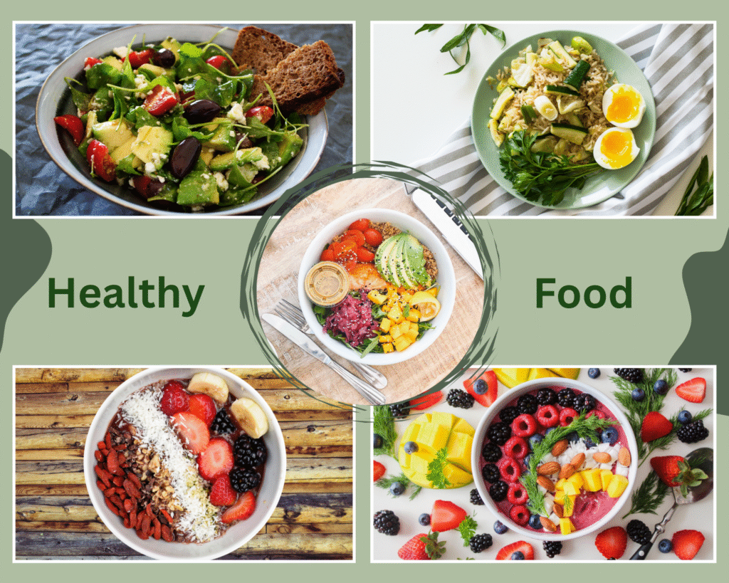 Healthy Food Healthy food balanced meal with grilled chicken, quinoa, avocado, fresh vegetables, fruits, and olive oil for nutritious diet