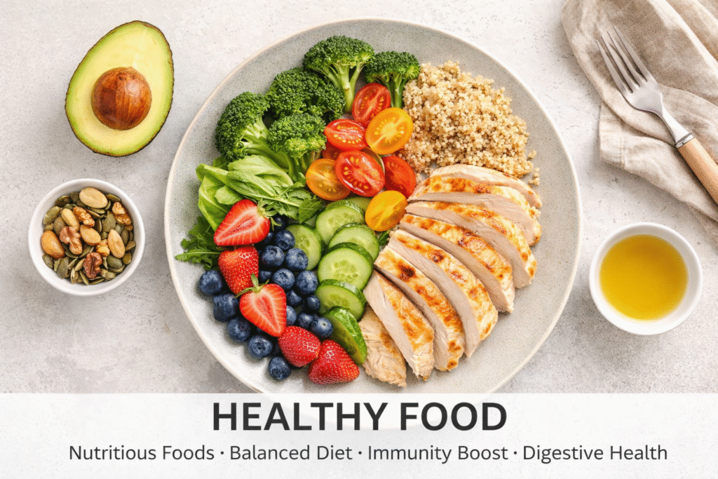 Healthy Food Nutritious healthy food plate featuring whole grains, lean protein, fresh vegetables, and fruits for a balanced diet